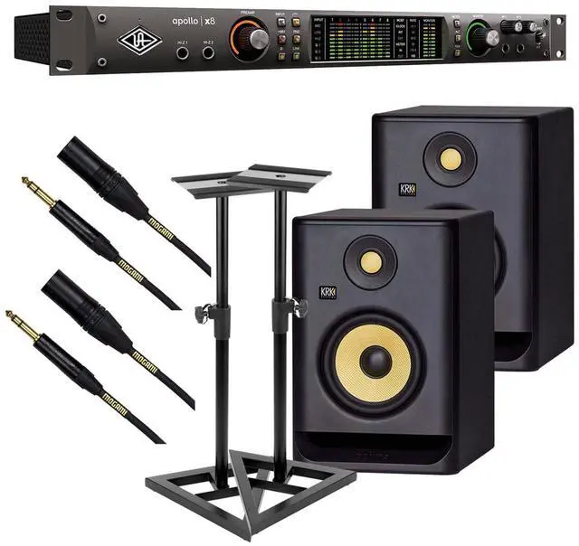Main image of Universal Audio Apollo x8 Heritage Edition 18 x 24 Thunderbolt, (2) KRK RP5G4 Monitors, Monitor Stands, (2) Mogami XLR to 1/4 Bundle