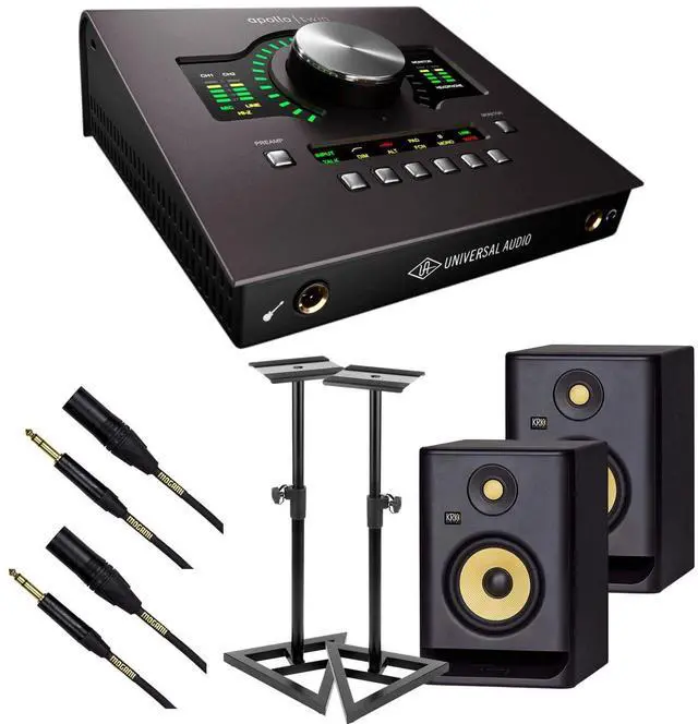 Main image of Universal Audio Apollo Twin MKII DUO Heritage Edition, (2) KRK RP5G4 Monitors, Monitor Stands, (2) Mogami XLR to 1/4 Bundle