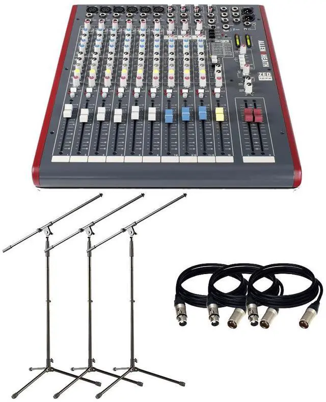 Main image of Allen & Heath ZED-12FX  12-Channel Recording Mixer with USB Connection and Effects + (3) Microphones Stand and (3) XLR Cables 15FT