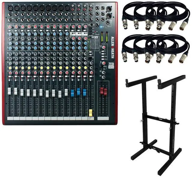 Main image of Allen & Heath ZED-16FX 16-Channel Recording and Live Sound Mixer with FX & USB + (8) XLR to XLR Cables 15FT Ea + Rockville RXS20 Portable Mixer Stand