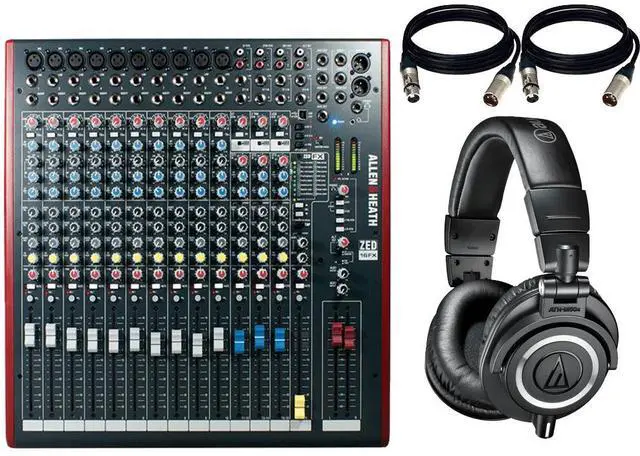 Main image of Allen & Heath ZED-16FX 16-Channel Recording and Live Sound Mixer with FX & USB + Audio-Technica ATH-M50x Monitor Headphones (Black) and Cables