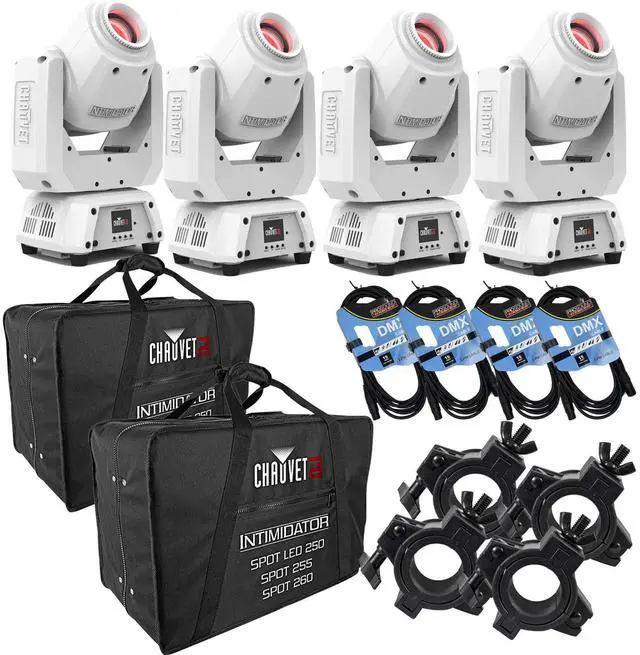 Main image of (4) Chauvet DJ Intimidator Spot 260X 75W LED Moving Head (White), (2) Chauvet DJ CHS-2XX, (4) DMX Cables, (4) O-Clamp Bundle