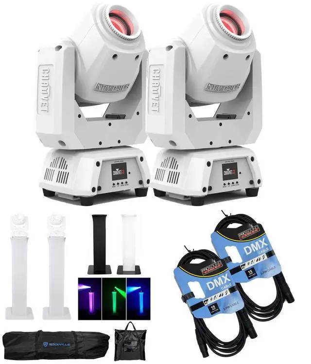 Main image of (2) Chauvet DJ Intimidator Spot 260X 75W LED Moving Head (White), (2) Rockville Totem Stand, (2) DMX Cables Bundle