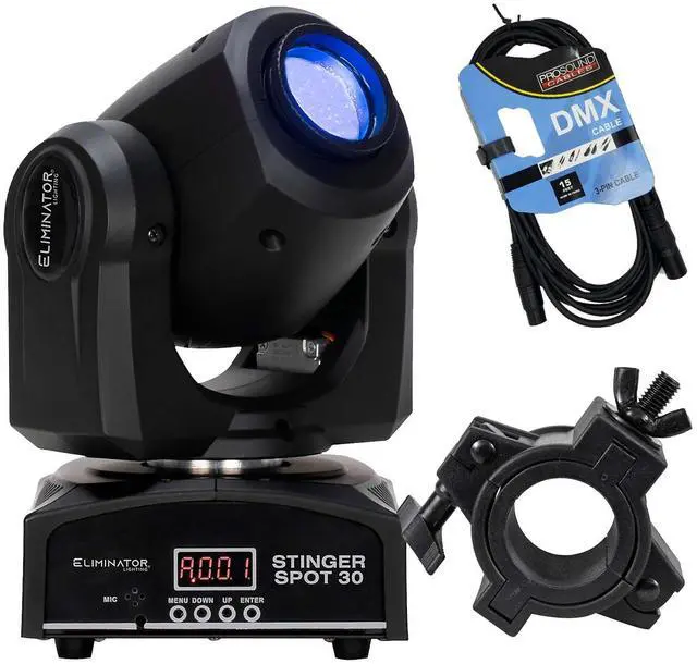 Main image of Eliminator Stinger Spot 30 30W LED Mini Moving Head, DMX Cable, O Clamp Bundle
