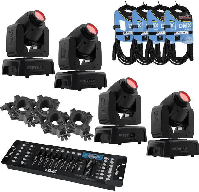 Main image of (4) Chauvet DJ Intimidator Spot 110 Lightweight LED Moving Head with Clamps & CO-Z 192 DMX 512 Stage DJ Light Controller Lighting