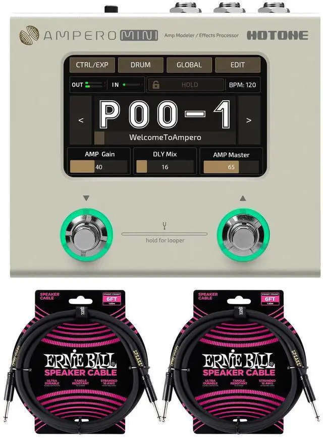 Main image of Hotone Ampero Mini (Vanilla) MP-50VN Amp Modeler & Effects Processor, (2) ErnieBall 1/4 Bundle