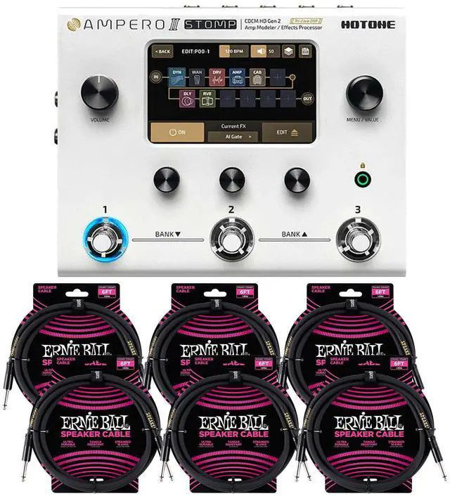 Main image of Hotone Ampero II Stomp MP-300 Amp Modeler & Effects Processor, (6) ErnieBall 1/4 Bundle