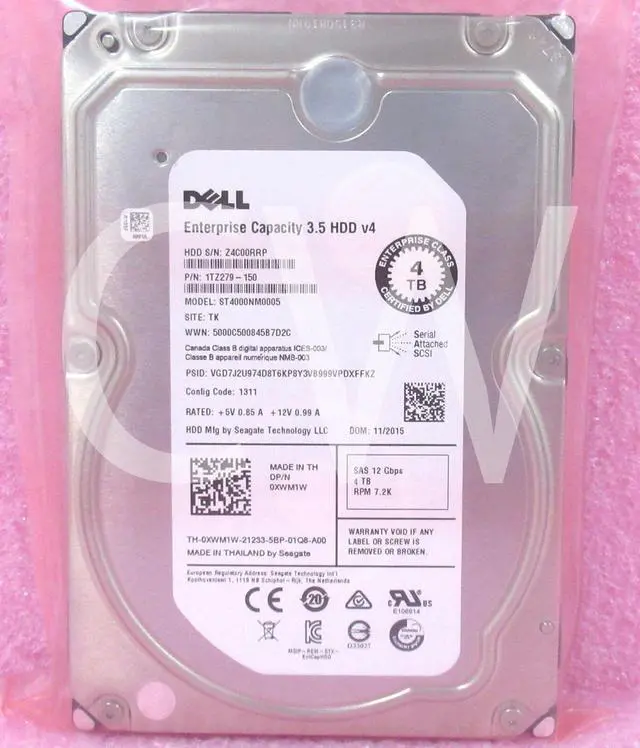 Main image of 0XWM1W XWM1W ST4000NM0005 Dell 4TB 7200RPM 12Gbps 3.5" SAS HDD Hard Drive