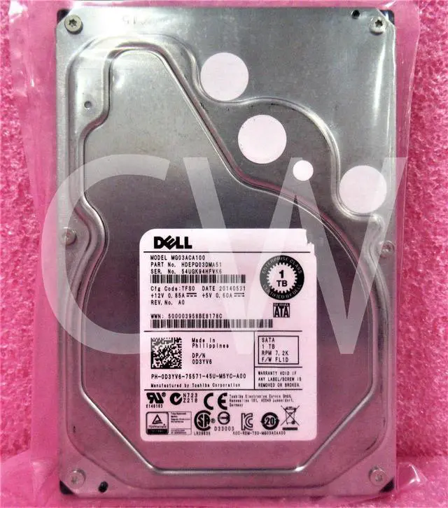 Alt view image 2 of 2 - D3YV6 0D3YV6 MG03ACA100 Dell 1TB 7.2K RPM 6Gb/s 3.5" SATA SERVER HDD Hard Drive