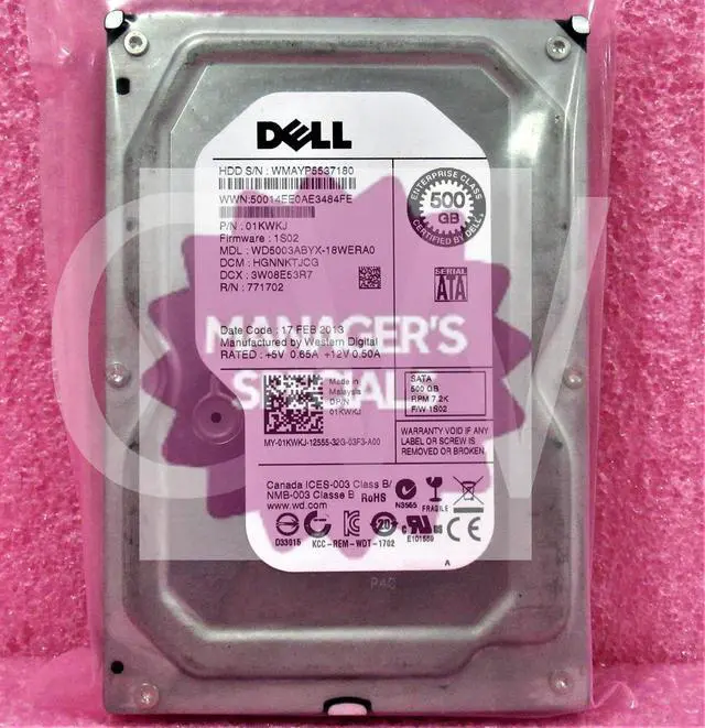 Alt view image 2 of 2 - 1KWKJ 01KWKJ WD5003ABYX Dell 500GB 7.2K RPM 3Gb/s 3.5"SATA SERVER HDD Hard Drive