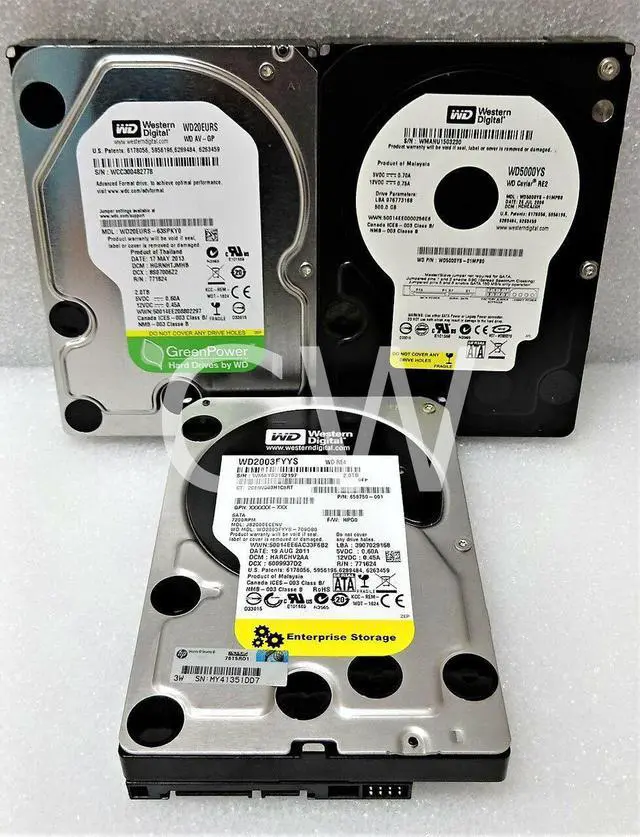 Main image of (AS IS) Lot of 3 Western Digital 3.5" SATA Hard Drives WD20EURS WD5000YS WD2003F