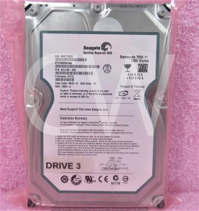 Alt view image 2 of 2 - ST31500341AS Seagate 9JU138 1.5TB 7.2K 3Gbps 32MB Cache 3.5" SATA HDD Hard Drive