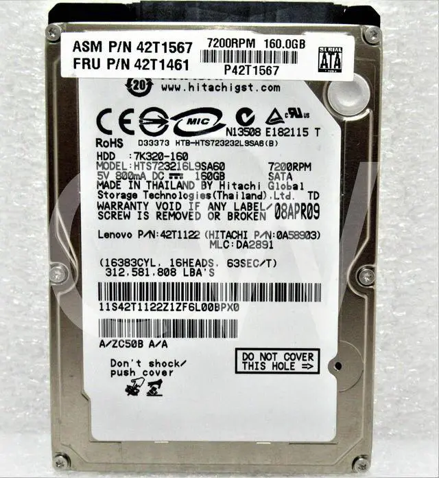 Alt view image 2 of 2 - HTS723216L9SA60 Hitachi TRAVELSTAR 160GB 7.2K RPM 1.5Gb/s 2.5" SATA Hard Drive