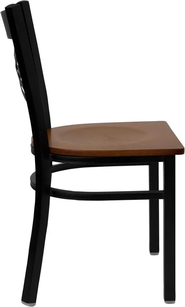 Alt view image 4 of 20 - HERCULES Series Black ''X'' Back Metal Restaurant Chair - Cherry Wood Seat
