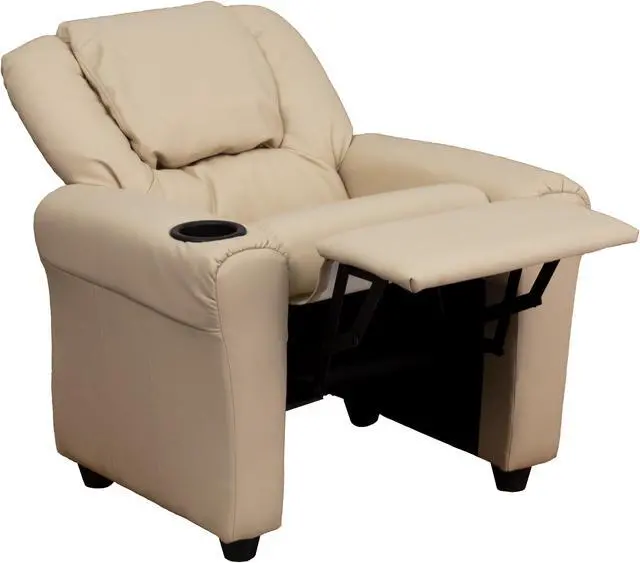 Alt view image 2 of 20 - Flash Furniture DG-ULT-KID-BGE-GG Contemporary Beige Vinyl Kids Recliner with Cup Holder and Headrest