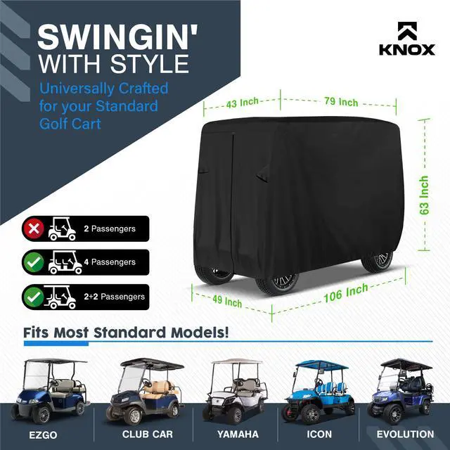 Alt view image 2 of 7 - Golf Cart Covers 4 Passenger, 2+2 Seater Waterproof Cover, 79" Long Roof, Black, Compatible with EZGO TXT/RXV, Club Car DS/Precedent, Evolution, ICON, Yamaha Golf Cart Cover