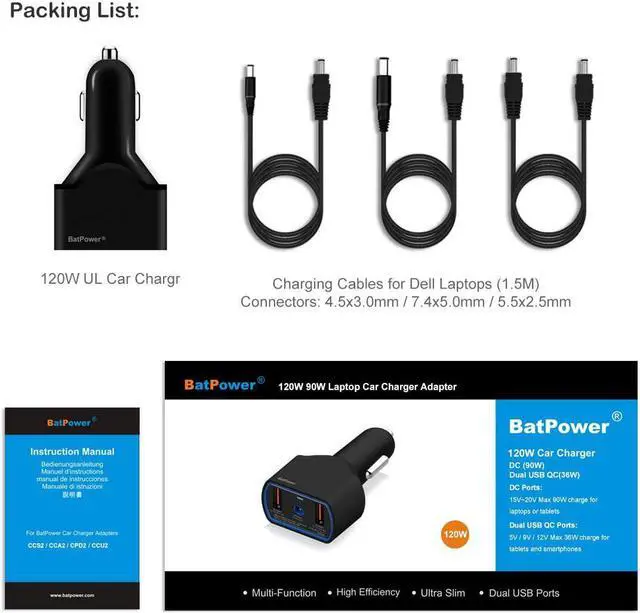 Alt view image 5 of 7 - BatPower CCD2 High Power Delivery 120W Laptop Car Charger Compatible with Dell Inspiron Latitude XPS Mini Precision Studio Vostro Laptop Notebook Vehicle Charger DC 12v-24v auto Adapter