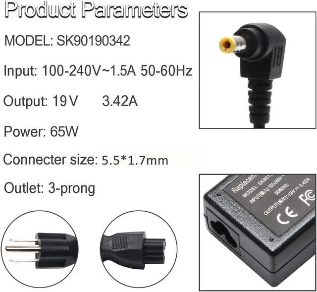 Alt view image 2 of 6 - 65W Laptop AC Adapter for Acer-Aspire E15 ES1 E1 E5; E1-571 E5-575G E1-510P E1-521 E3-111 E5-511P E5-521 E5-522 E5-551 E5-571 E5-573G ES1-111M ES1-411 ES1-511 ES1-521 ES1-531 E1-572-6870