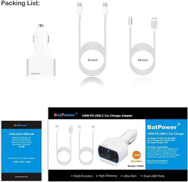 Alt view image 5 of 7 - BatPower CPD2 High Power Delivery 120W USB-C Laptop Car Charger Compatible with New MacBook Pro Air USB C Laptop HP Dell Razer Surface Vehicle Charger DC 12v-24v auto Power Supply with Dual USB QC3.0