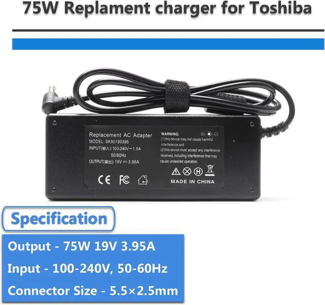 Alt view image 2 of 6 - 19V 3.95A 75W Laptop Charger AC Adapter Power Supply for Toshiba Satellite C55 C55D C55T C55DT C55-A C55-B C55-C C50 C75 C75D C655 L655 L755 L755D L775 C850 C855 Fit PA3822U-1ACA PA3917U-1ACA PA3714U-