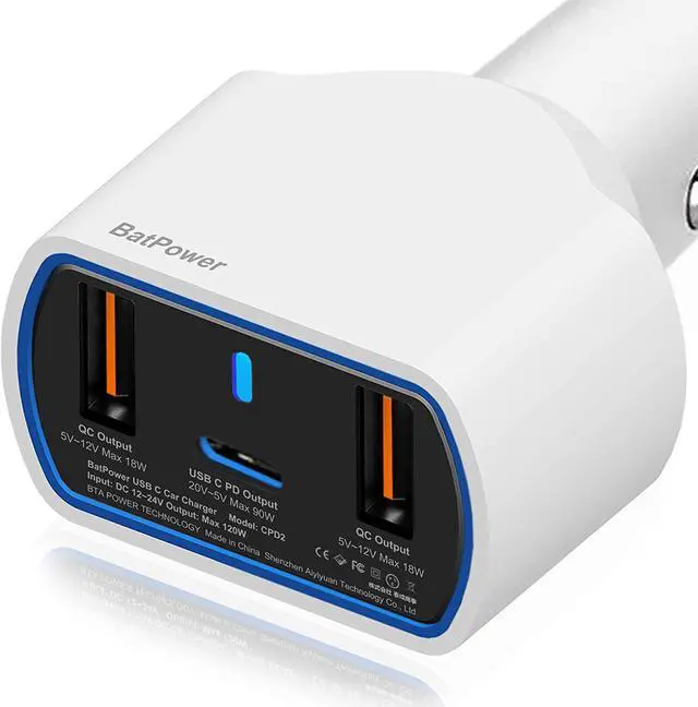 Alt view image 4 of 7 - BatPower CPD2 High Power Delivery 120W USB-C Laptop Car Charger Compatible with New MacBook Pro Air USB C Laptop HP Dell Razer Surface Vehicle Charger DC 12v-24v auto Power Supply with Dual USB QC3.0