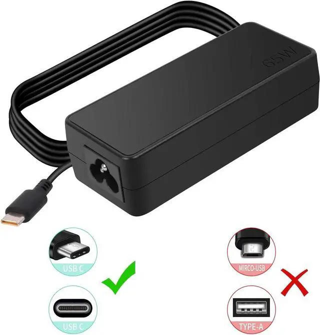 Alt view image 3 of 5 - 65W USB C AC Charger Fit for Lenovo ThinkPad P51S P52S TP25 T570 T580 T580P T590 ADLX65YDC3A ADLX65YCC3A ADLX65YLC3A Type C Laptop Power Supply Adapter Cord