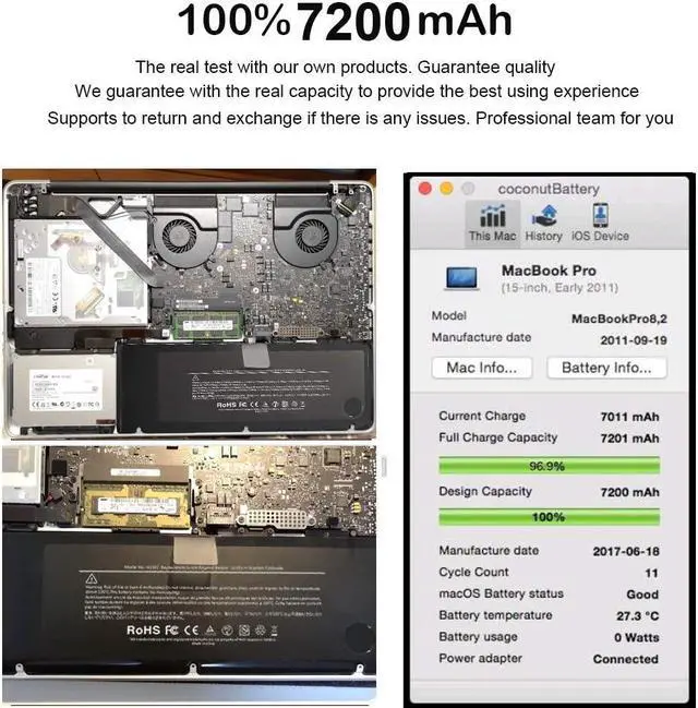 Alt view image 3 of 6 - A1382 Battery for MacBook Pro 15 inch A1286 Early 2011 Late 2011 Mid 2012 New Replacement Laptop Battery (7200mAh 10.95V/78.84Wh 25 Months Warranty)