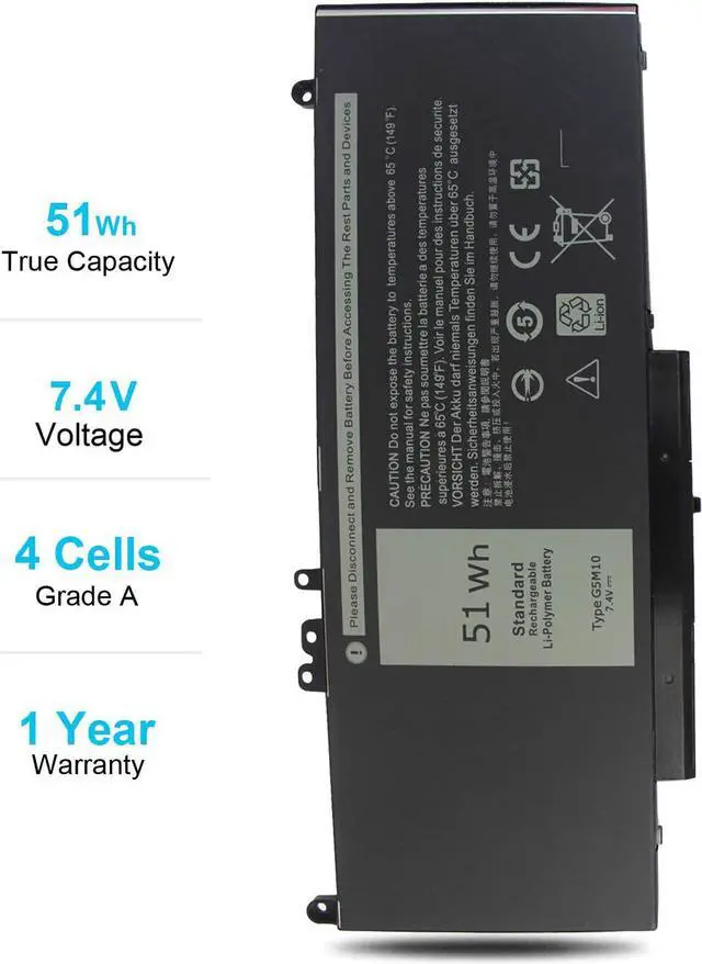 Alt view image 6 of 7 - 7.4V 51Wh Type G5M10 Laptop Battery Compatible with Dell Latitude E5450 E5550 E5250 15.6 inch 8V5GX R9XM9 WYJC2 1KY05 080-854-0066 0WYJC2 451-BBLN Standard Rechargeable 4-Cell Li-Polymer Battery New