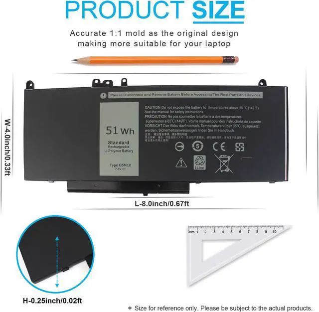 Alt view image 4 of 7 - 7.4V 51Wh Type G5M10 Laptop Battery Compatible with Dell Latitude E5450 E5550 E5250 15.6 inch 8V5GX R9XM9 WYJC2 1KY05 080-854-0066 0WYJC2 451-BBLN Standard Rechargeable 4-Cell Li-Polymer Battery New