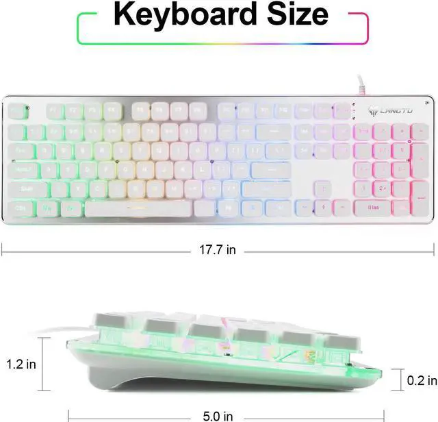 Alt view image 5 of 7 - LANGTU Membrane Gaming Keyboard, Rainbow LED Backlit Quiet Keyboard for Office, USB Wired All-Metal Panel 25 Keys Anti-ghosting Computer Keyboard 104 Keys - L1 White/Silver