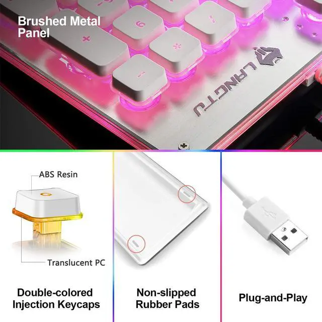 Alt view image 3 of 7 - LANGTU Membrane Gaming Keyboard, Rainbow LED Backlit Quiet Keyboard for Office, USB Wired All-Metal Panel 25 Keys Anti-ghosting Computer Keyboard 104 Keys - L1 White/Silver