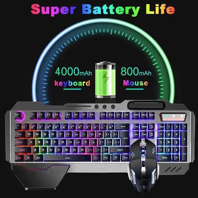 Alt view image 2 of 7 - Wireless Gaming Keyboard and Mouse Combo with Rainbow LED Backlit Rechargeable 4800mAh Battery Metal Panel Mechanical Ergonomic Waterproof Dustproof 7Color Mute Mice for Computer PC Mac Gamer (Purple)