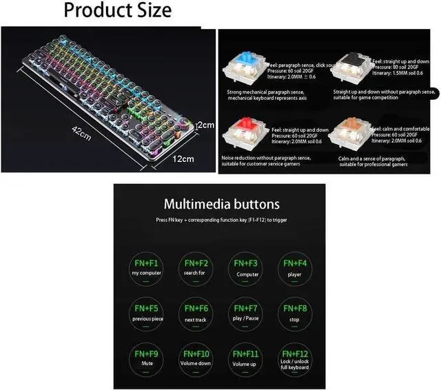 Alt view image 6 of 6 - Mechanical Keyboard and Mouse Set, Green Shaft/Black Shaft/Tea Shaft Gaming Keyboard, Metal Material Panel, Retro 104 Key Wired Laptop Desktop Office Keyboard (Color : White Light-Green Shaft)