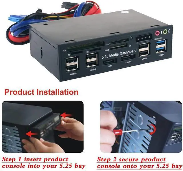 Alt view image 5 of 7 - Entweg Internal Card Reader Multi-Function USB 3.0 Hub eSATA SATA Port Internal Card Reader PC Dashboard Media Front Panel Audio for SD MS CF TF M2 MMC Memory Cards Fits 5.25" Bay