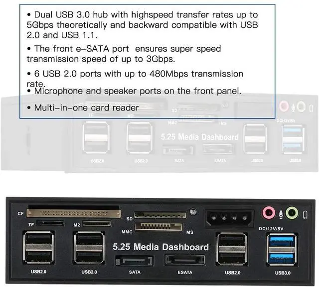 Alt view image 4 of 7 - Entweg Internal Card Reader Multi-Function USB 3.0 Hub eSATA SATA Port Internal Card Reader PC Dashboard Media Front Panel Audio for SD MS CF TF M2 MMC Memory Cards Fits 5.25" Bay