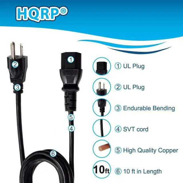 Alt view image 5 of 6 - HQRP AC Power Cord Compatible with Proview 3200, 468P, 700 HV175, 700P PL716S, HV175, PL482S, PL713S, RX-326 LCD Monitor Mains Cable