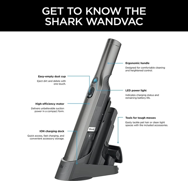 Alt view image 3 of 7 - Shark WV201 WANDVAC Handheld Vacuum, Lightweight at 1.4 Pounds with Powerful Suction, Charging Dock, Single Touch Empty and Detachable Dust Cup (Gray)