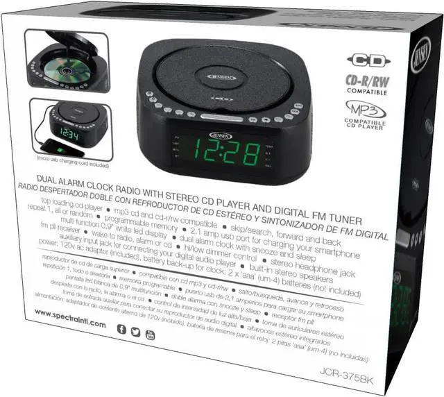 Alt view image 6 of 6 - Jensen JCR-375 Audio CD Player Tabletop All-in-one Stereo Dual Alarm Clock Digital FM Radio | Top-Loading CD/MP3/WMA Discs Player | USB Charging Port 2.1A | Headphone Jack | 0.9 Display Green LED