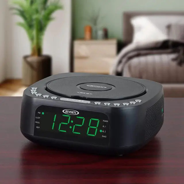 Alt view image 4 of 6 - Jensen JCR-375 Audio CD Player Tabletop All-in-one Stereo Dual Alarm Clock Digital FM Radio | Top-Loading CD/MP3/WMA Discs Player | USB Charging Port 2.1A | Headphone Jack | 0.9 Display Green LED