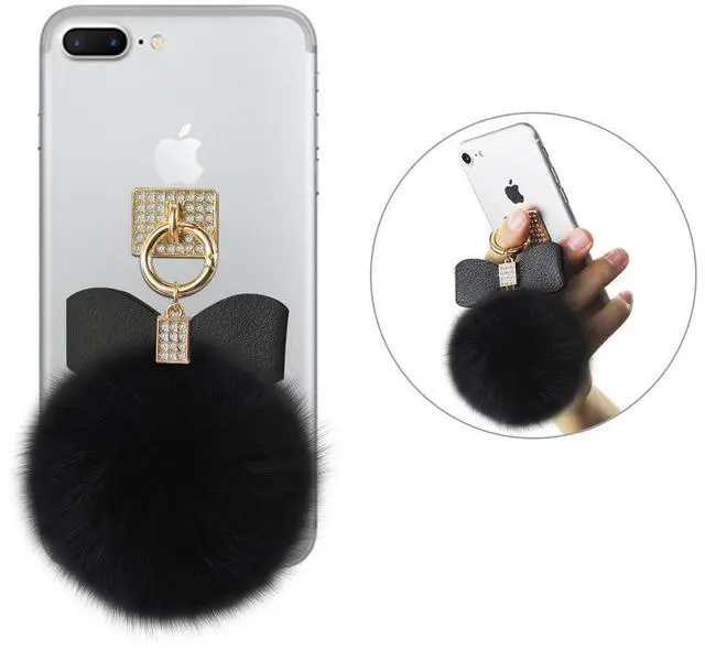 Alt view image 5 of 7 - Reiko REIKO PHONE HOLDER/ FINGER LOOP GRIP WITH RHINESTONE SOFT PUFFY FUR BALL IN BLACK