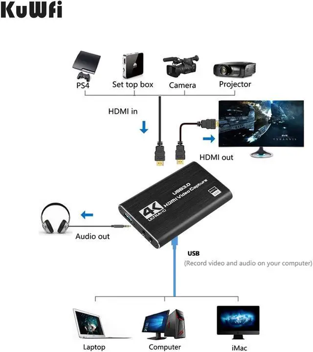 Alt view image 3 of 6 - KuWFi 4K/30Hz Input 1080P Output HDMI Capture Card USB3.0 Driver-Free Game Broadcaster Microphone HD Video 1080P Recording Box