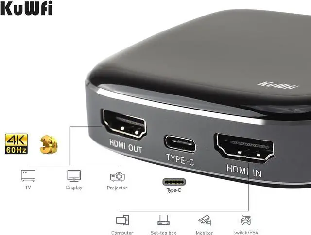 Alt view image 4 of 8 - KuWFi Type-C Capture HDMI Dongle 4K 1080P 60fps HD Video Game Capture Card Streaming Converter Recorder Plug and Play for Xbox/PS4/Switch/DSLR/Camcorders