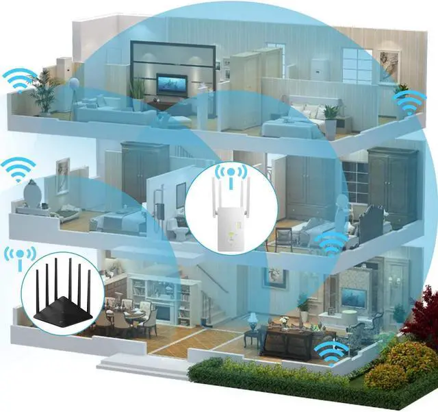 Alt view image 3 of 5 - KuWFi 1200Mbps WiFi Repeater Dual Band Wireless 2,4G/5G WiFi Extender AP Router Wireless Signal Booster with 4 Advanced Antennas for The House 360 Degree Full Coverage Network