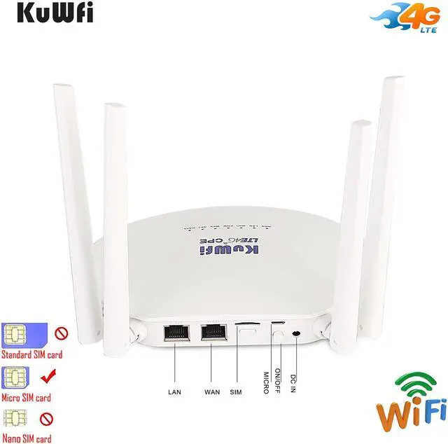 Alt view image 4 of 7 - KuWFi Router 4G LTE, Cat6 300Mbps 4G Router with SIM Slot 4pcs Non-Detachable Antennas Mobile WiFi Hotspot 2 LAN Port up to 32 Users Work with T-Mobile AT&T