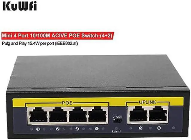 Main image of KuWFi 4 Port Ethernet Network Switch - Office Ethernet Splitter | Plug & Play Active POE Switch with 2 UP-Link Ports 60W