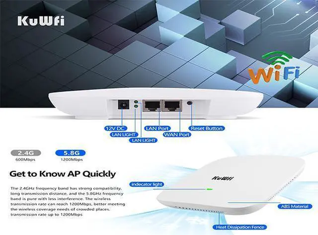 Alt view image 3 of 6 - KuWFi 1800Mbps WiFi 6 Router Wireless Ceiling AP WiFi Range Extender Wireless Access Point Dual Band 2.4Ghz&5.8Ghz LAN 48V POE