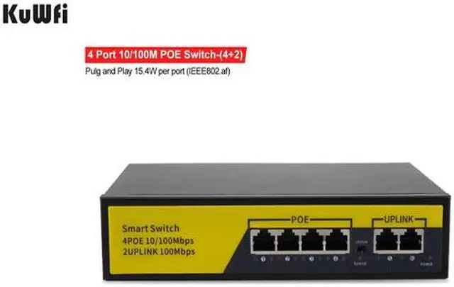Main image of KuWFi POE Switch 10/100Mbps 4 POE+2 Uplink Port Fast Ethernet Network Switch 250M Transmission IEEE802.3AT/AF for IP Camera NVR