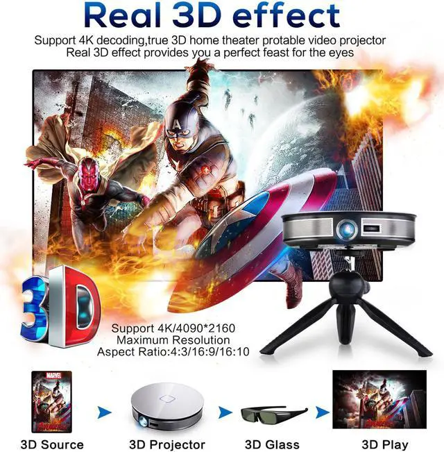 Alt view image 4 of 7 - KuWFi 3D 4K HD Portable Video Projector Support HDMI&1080P&Bluetooth&Wireless WiFi with 12000Mah Built-in Battery for Home Theater