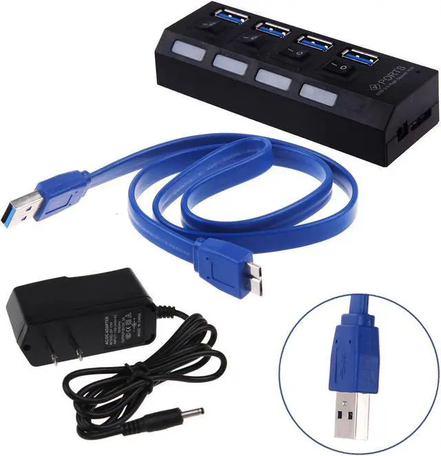 Main image of 4 Ports USB 3 0 Hub with On Off Switch AC Power Adapter For Desktop Laptop