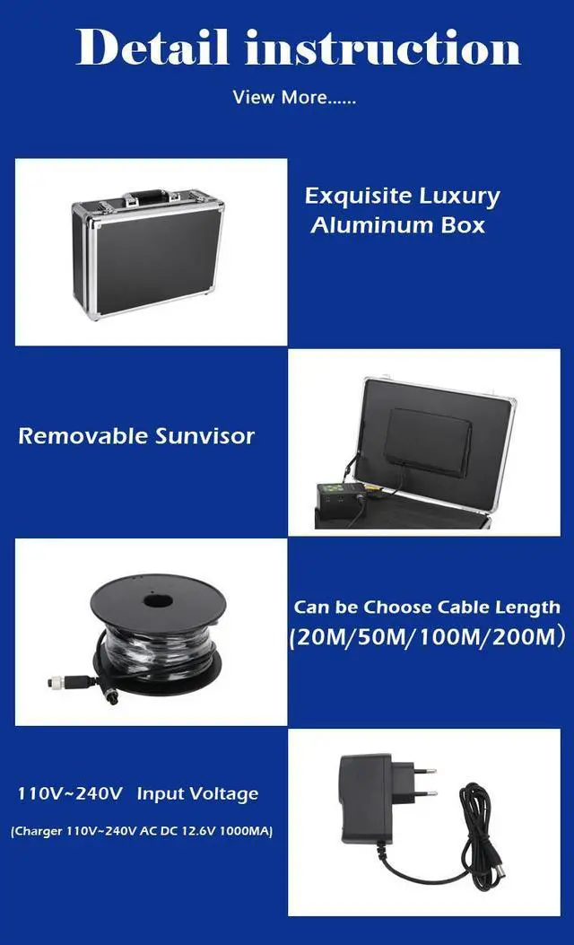 Alt view image 4 of 7 - VisiPower 7 Inch Cable Length 20m/65ft Underwater Fishing Video Camera Fish Finder IP68 Waterproof LEDs 360 Degree Rotating Dome  Rotating Panoramic viewing Camera